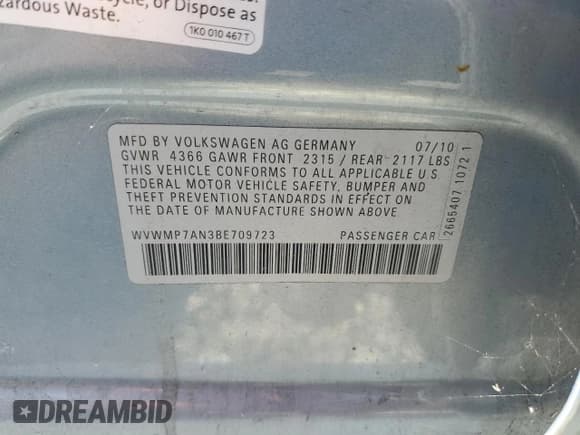 ✅ 2011 Volkswagen CC Sport • VIN: WVWMP7AN3BE709723 • Lot: 70554465. Listed on Copart with 126,677 mi. Free auction sales archive from the USA and detailed vehicle history report at DreamBid. Image 12.