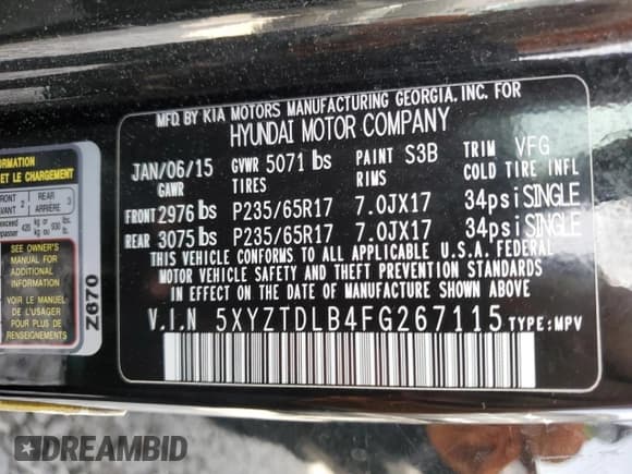 ✅ 2015 Hyundai Santa Fe • VIN: 5XYZTDLB4FG267115 • Лот: 57381434. Опубликован ранее на Copart с пробегом Не указан. Бесплатный доступ к архиву аукционных продаж из США и подробный отчёт об истории автомобиля на DreamBid. Изображение 14.