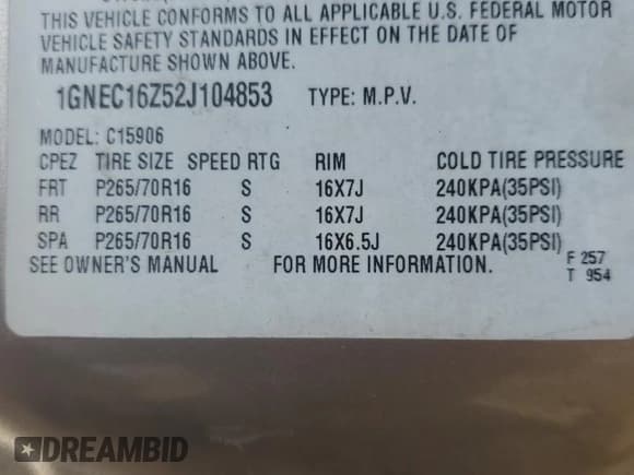 ✅ 2002 Chevrolet Suburban LT • VIN: 1GNEC16Z52J104853 • Лот: 54861975. Опубликован ранее на Copart с пробегом Не указан. Бесплатный доступ к архиву аукционных продаж из США и подробный отчёт об истории автомобиля на DreamBid. Изображение 13.