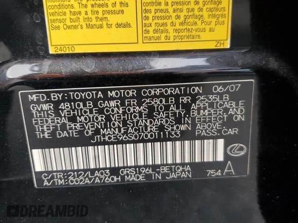 ✅ 2007 Lexus GS 350 • VIN: JTHCE96S070011133 • Лот: 82004065. Опубликован ранее на Copart с пробегом 276 467 миль. Бесплатный доступ к архиву аукционных продаж из США и подробный отчёт об истории автомобиля на DreamBid. Изображение 12.