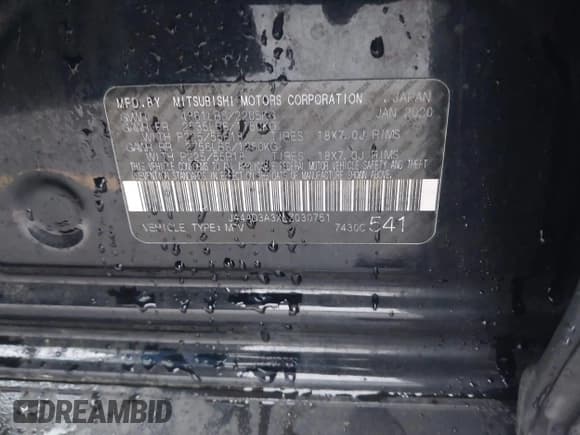 ✅ 2020 Mitsubishi Outlander SE • VIN: JA4AD3A3XLZ030751 • Lot: 43537766. Listed on IAAI with 126,866 mi. Free auction sales archive from the USA and detailed vehicle history report at DreamBid. Image 9.