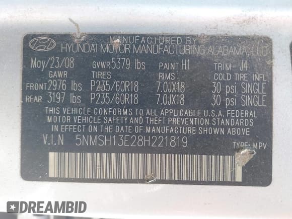 ✅ 2008 Hyundai Santa Fe SE • VIN: 5NMSH13E28H221819 • Lot: 43032250. Wystawiony na IAAI z przebiegiem 187 237 mil. Bezpłatny archiwum sprzedaży aukcyjnych z USA i szczegółowy raport historii pojazdu na DreamBid. Zdjęcie 9.