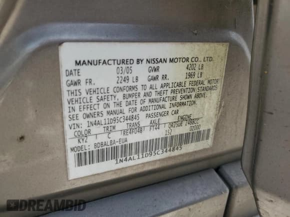 ✅ 2005 Nissan Altima 2.5 • VIN: 1N4AL11D95C344845 • Лот: 87002725. Опубликован ранее на Copart с пробегом Не указан. Бесплатный доступ к архиву аукционных продаж из США и подробный отчёт об истории автомобиля на DreamBid. Изображение 13.