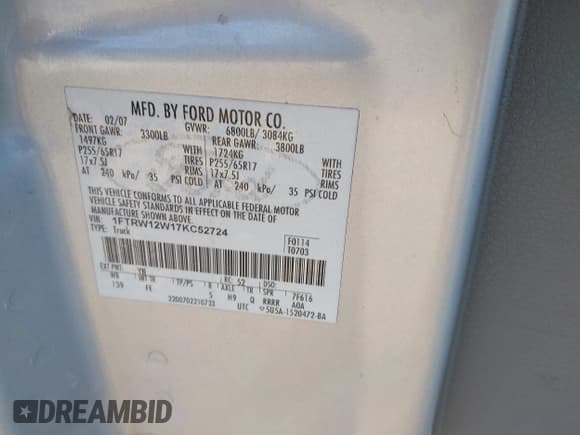 ✅ 2007 Ford F-150 XLT • VIN: 1FTRW12W17KC52724 • Lot: 43239593. Wystawiony na IAAI z przebiegiem 214 523 mil. Bezpłatny archiwum sprzedaży aukcyjnych z USA i szczegółowy raport historii pojazdu na DreamBid. Zdjęcie 9.