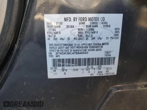 ✅ 2007 Ford Edge SEL • VIN: 2FMDK38C47BB40553 • Lot: 82262695. Wystawiony na Copart z przebiegiem Nie podano. Bezpłatny archiwum sprzedaży aukcyjnych z USA i szczegółowy raport historii pojazdu na DreamBid. Zdjęcie 13.