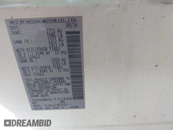 ✅ 2014 Nissan Pathfinder SV • VIN: 5N1AR2MN2EC735446 • Lot: 41893013. Listed on IAAI with 149,799 mi. Free auction sales archive from the USA and detailed vehicle history report at DreamBid. Image 9.