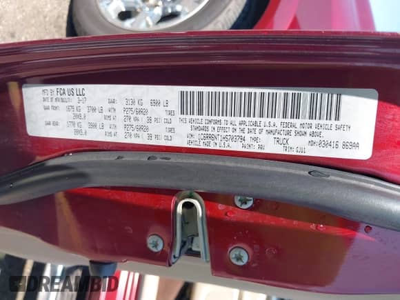 2017 Ram 1500 Laramie with VIN 1C6RR6NT1HS703794, listed as a IAAI auction lot 43143575 with 146,553 mi miles and . Bid and sale history available at DreamBid. Image 9.