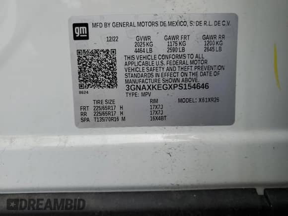 2023 Chevrolet Equinox LT с VIN 3GNAXKEGXPS154646, выставлен на аукционе Copart как лот 66193395 с пробегом Не указан миль и Списание • Salvage title. История ставок и продаж доступна на DreamBid. Изображение 13.
