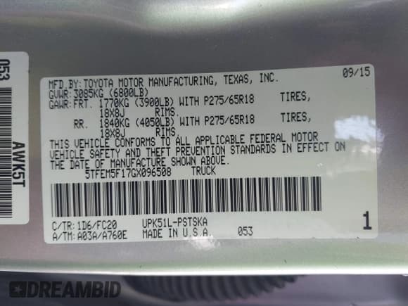 ✅ 2016 Toyota Tundra SR5 • VIN: 5TFEM5F17GX096508 • Lot: 41908791. Listed on IAAI with 103,583 mi. Free auction sales archive from the USA and detailed vehicle history report at DreamBid. Image 9.