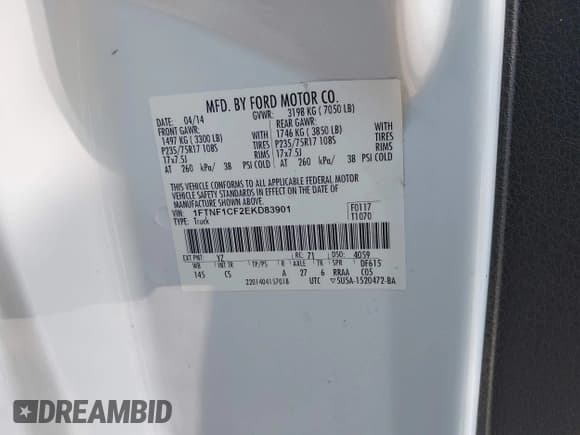 ✅ 2014 Ford F-150 XL • VIN: 1FTNF1CF2EKD83901 • Lot: 42436975. Wystawiony na IAAI z przebiegiem 167 417 mil. Bezpłatny archiwum sprzedaży aukcyjnych z USA i szczegółowy raport historii pojazdu na DreamBid. Zdjęcie 9.