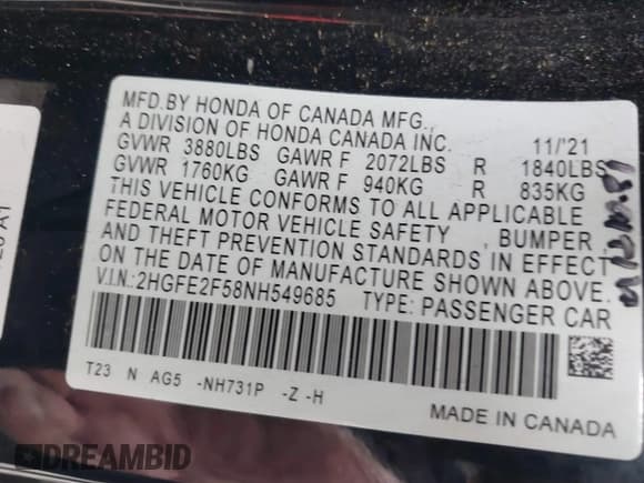 ✅ 2022 Honda Civic Sport • VIN: 2HGFE2F58NH549685 • Лот: 43454597. Опубликован ранее на IAAI с пробегом 48 530 миль. Бесплатный доступ к архиву аукционных продаж из США и подробный отчёт об истории автомобиля на DreamBid. Изображение 9.