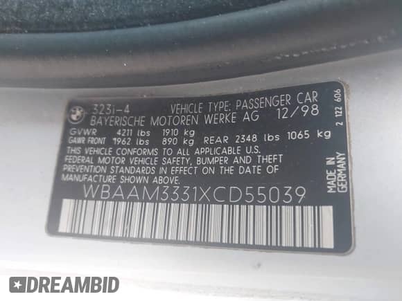 1999 BMW 3 Series 323i с VIN WBAAM3331XCD55039, выставлен на аукционе IAAI как лот 41884968 с пробегом 187 106 миль миль и . История ставок и продаж доступна на DreamBid. Изображение 9.