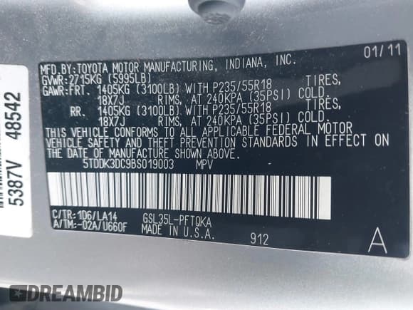 ✅ 2011 Toyota Sienna XLE • VIN: 5TDDK3DC9BS019003 • Lot: 41359834. Listed on IAAI with Not provided. Free auction sales archive from the USA and detailed vehicle history report at DreamBid. Image 9.