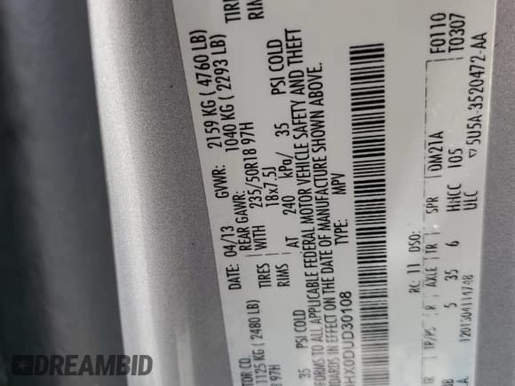 ✅ 2013 Ford Escape SEL • VIN: 1FMCU9HX0DUD30108 • Lot: 56991205. Listed on Copart with 150,139 mi. Free auction sales archive from the USA and detailed vehicle history report at DreamBid. Image 13.