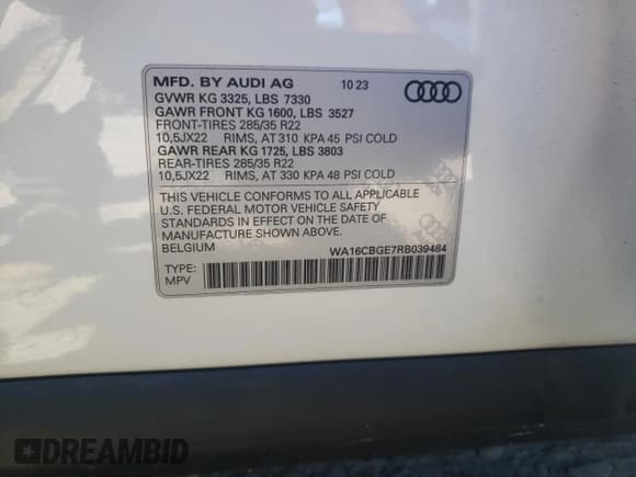 ✅ 2024 Audi SQ8 E-Tron • VIN: WA16CBGE7RB039484 • Lot: 64519814. Listed on Copart with 4,752 mi. Free auction sales archive from the USA and detailed vehicle history report at DreamBid. Image 14.