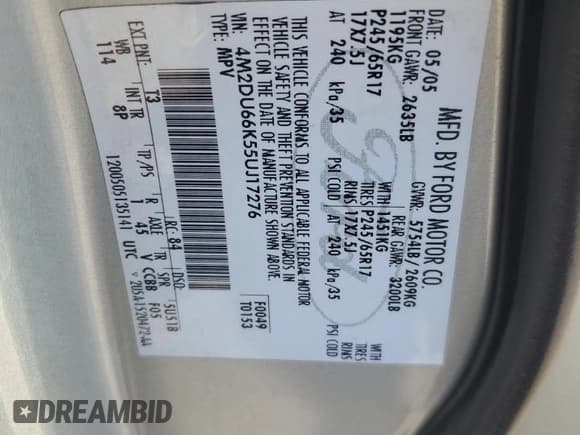 ✅ 2005 Mercury Mountaineer • VIN: 4M2DU66K55UJ17276 • Lot: 86835544. Listed on Copart with 137,270 mi. Free auction sales archive from the USA and detailed vehicle history report at DreamBid. Image 13.