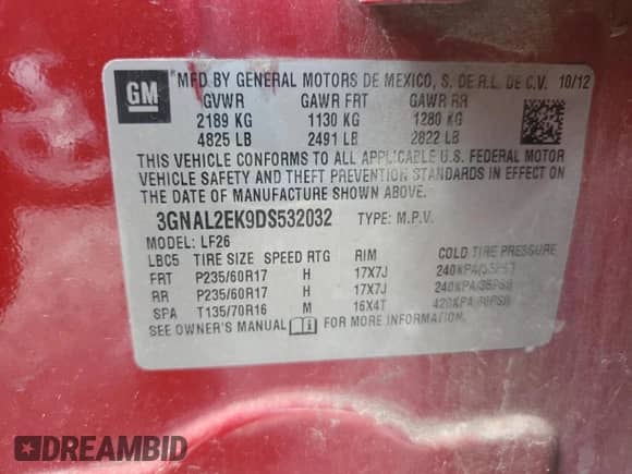 2013 Chevrolet Captiva Sport LS with VIN 3GNAL2EK9DS532032, listed as a Copart auction lot 67735794 with Not provided miles and Salvage title. Bid and sale history available at DreamBid. Image 12.