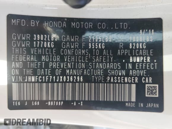 ✅ 2018 Honda Civic EX-L • VIN: JHMFC1F71JX036296 • Lot: 80798475. Listed on Copart with 84,386 mi. Free auction sales archive from the USA and detailed vehicle history report at DreamBid. Image 12.