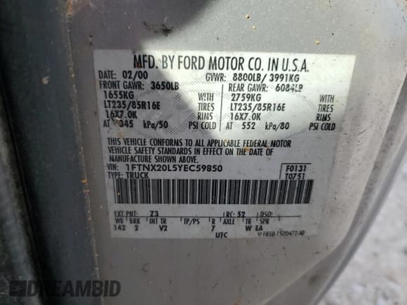 ✅ 2000 Ford F-250 XL • VIN: 1FTNX20L5YEC59850 • Lot: 43701075. Listed on Copart with 434,882 mi. Free auction sales archive from the USA and detailed vehicle history report at DreamBid. Image 13.