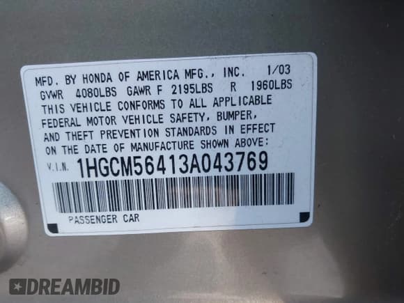 ✅ 2003 Honda Accord LX • VIN: 1HGCM56413A043769 • Лот: 43554730. Опубликован ранее на IAAI с пробегом 156 043 миль. Бесплатный доступ к архиву аукционных продаж из США и подробный отчёт об истории автомобиля на DreamBid. Изображение 9.