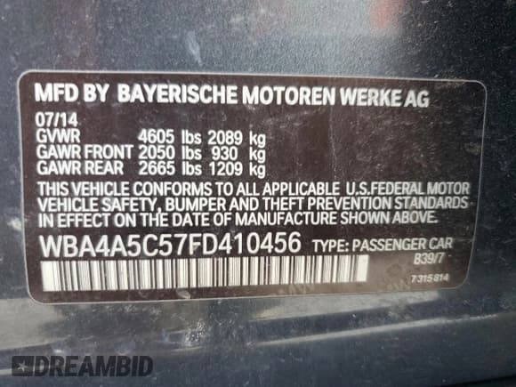 ✅ 2015 BMW 4 Series 428i • VIN: WBA4A5C57FD410456 • Lot: 84753995. Listed on Copart with 165,977 mi. Free auction sales archive from the USA and detailed vehicle history report at DreamBid. Image 12.