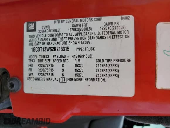 2002 Chevrolet S-10 LS с VIN 1GCDT13W62K213315, выставлен на аукционе Copart как лот 83997685 с пробегом 215 253 миль миль и Списание • Salvage title. История ставок и продаж доступна на DreamBid. Изображение 12.