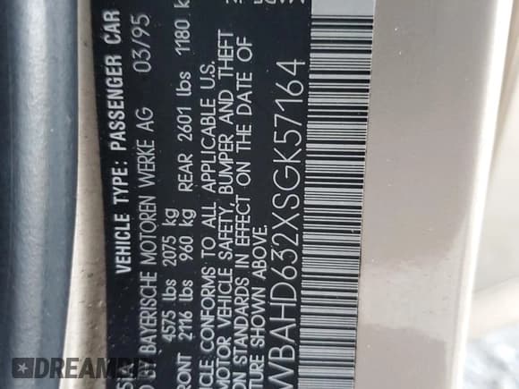 ✅ 1995 BMW 5 Series 525i • VIN: WBAHD632XSGK57164 • Лот: 42953105. Опубликован ранее на Copart с пробегом 282 414 миль. Бесплатный доступ к архиву аукционных продаж из США и подробный отчёт об истории автомобиля на DreamBid. Изображение 12.