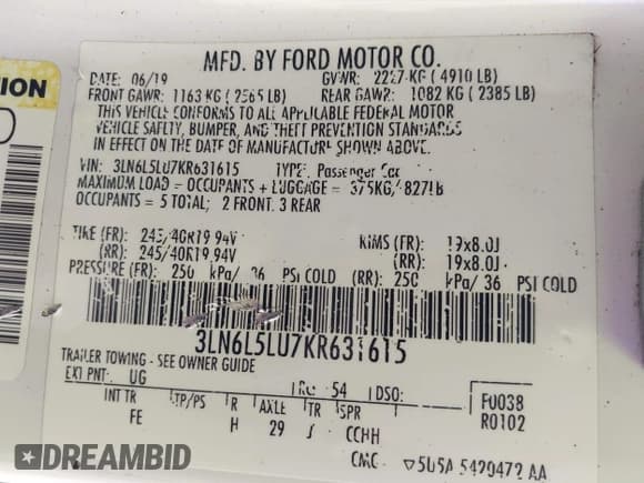 ✅ 2019 Lincoln MKZ Hybrid Reserve I • VIN: 3LN6L5LU7KR631615 • Лот: 43419024. Опубликован ранее на IAAI с пробегом 233 492 миль. Бесплатный доступ к архиву аукционных продаж из США и подробный отчёт об истории автомобиля на DreamBid. Изображение 9.