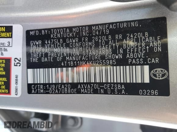 ✅ 2019 Toyota Camry SE • VIN: 4T1B11HK4KU255985 • Лот: 82487775. Опубликован ранее на Copart с пробегом 43 389 миль. Бесплатный доступ к архиву аукционных продаж из США и подробный отчёт об истории автомобиля на DreamBid. Изображение 12.