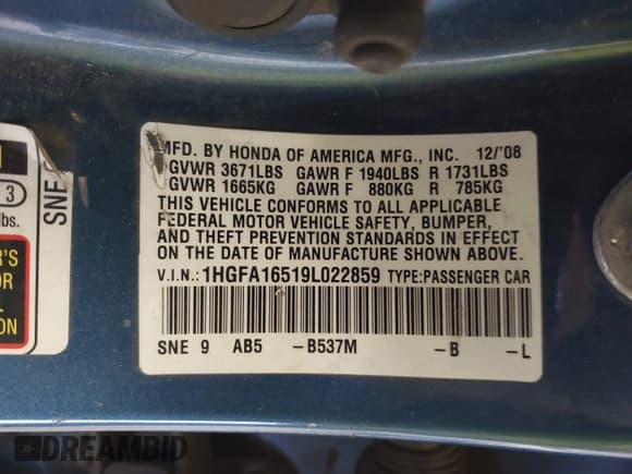 ✅ 2009 Honda Civic LX • VIN: 1HGFA16519L022859 • Лот: 43724914. Опубликован ранее на IAAI с пробегом 294 534 миль. Бесплатный доступ к архиву аукционных продаж из США и подробный отчёт об истории автомобиля на DreamBid. Изображение 9.
