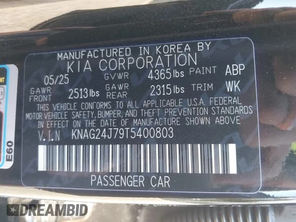 ✅ 2026 Kia K5 LXS • VIN: KNAG24J79T5400803 • Lot: 43196842. Listed on IAAI with 146 mi. Free auction sales archive from the USA and detailed vehicle history report at DreamBid. Image 9.