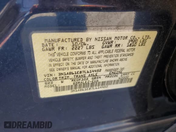 ✅ 2007 Nissan Sentra S • VIN: 3N1AB61E87L614452 • Lot: 63783005. Listed on Copart with 90,417 mi. Free auction sales archive from the USA and detailed vehicle history report at DreamBid. Image 13.