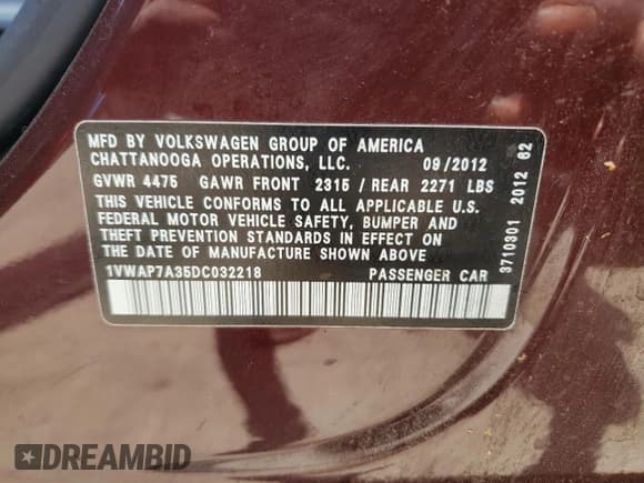 ✅ 2013 Volkswagen Passat S • VIN: 1VWAP7A35DC032218 • Lot: 56232645. Listed on Copart with 222,722 mi. Free auction sales archive from the USA and detailed vehicle history report at DreamBid. Image 12.