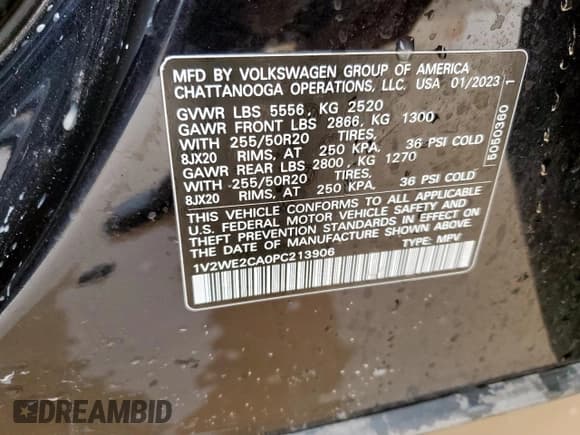 ✅ 2023 Volkswagen Atlas SE • VIN: 1V2WE2CA0PC213906 • Lot: 69664775. Listed on Copart with 31,619 mi. Free auction sales archive from the USA and detailed vehicle history report at DreamBid. Image 13.