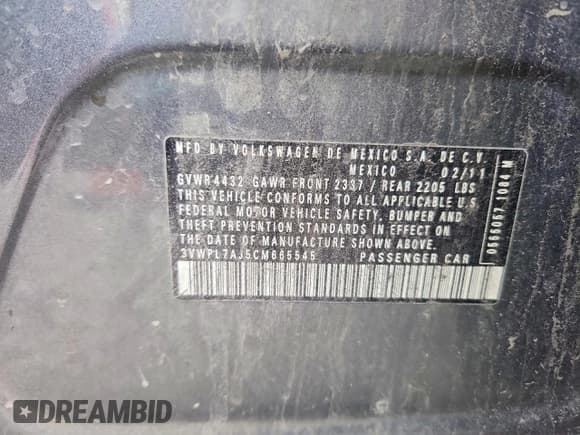 ✅ 2012 Volkswagen Jetta TDI • VIN: 3VWPL7AJ5CM665545 • Lot: 95397735. Listed on Copart with 235,377 mi. Free auction sales archive from the USA and detailed vehicle history report at DreamBid. Image 12.