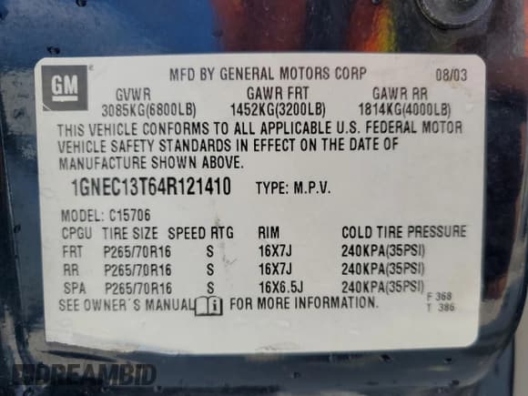 ✅ 2004 Chevrolet Tahoe LS • VIN: 1GNEC13T64R121410 • Lot: 70395744. Listed on Copart with 179,973 mi. Free auction sales archive from the USA and detailed vehicle history report at DreamBid. Image 13.