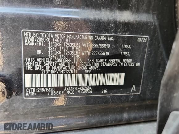 ✅ 2021 Toyota RAV4 Limited • VIN: 2T3Y1RFV1MC127611 • Lot: 80899365. Listed on Copart with Not provided. Free auction sales archive from the USA and detailed vehicle history report at DreamBid. Image 13.