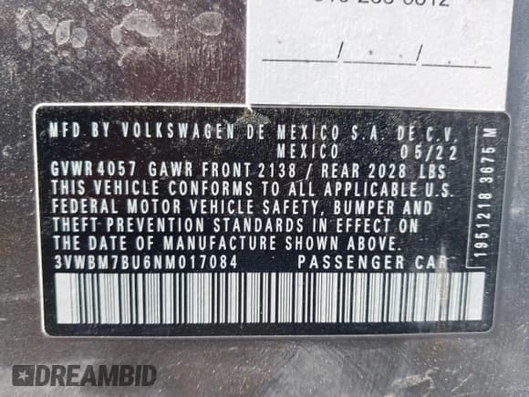 ✅ 2022 Volkswagen Jetta Sport • VIN: 3VWBM7BU6NM017084 • Lot: 41784555. Listed on IAAI with 60,364 mi. Free auction sales archive from the USA and detailed vehicle history report at DreamBid. Image 9.