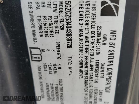 ✅ 2004 Saturn VUE V6 • VIN: 5GZCZ53404S889728 • Лот: 84380925. Опубликован ранее на Copart с пробегом 123 002 миль. Бесплатный доступ к архиву аукционных продаж из США и подробный отчёт об истории автомобиля на DreamBid. Изображение 13.