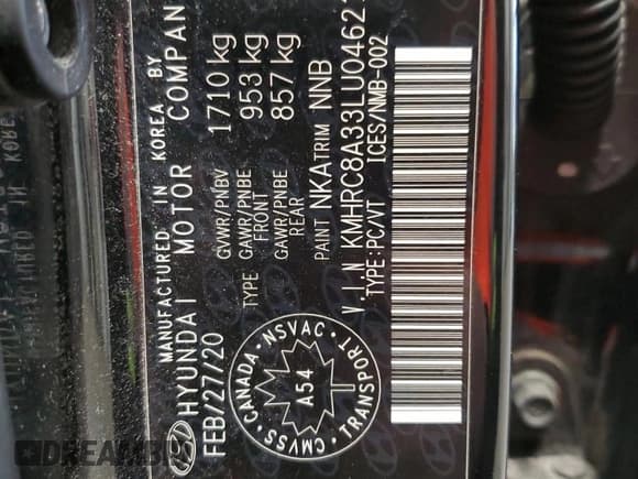 ✅ 2020 Hyundai Venue SEL • VIN: KMHRC8A33LU046212 • Lot: 54235985. Listed on Copart with 85,306 mi. Free auction sales archive from the USA and detailed vehicle history report at DreamBid. Image 13.