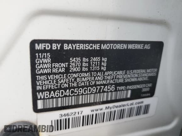 ✅ 2016 BMW 6 Series 650i • VIN: WBA6D4C59GD977456 • Lot: 48427065. Listed on Copart with 54,688 mi. Free auction sales archive from the USA and detailed vehicle history report at DreamBid. Image 12.