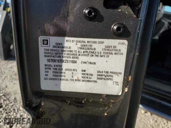 ✅ 1999 GMC Sierra 1500 SL • VIN: 1GTEK19T0XZ511684 • Лот: 83830335. Опубликован ранее на Copart с пробегом Не указан. Бесплатный доступ к архиву аукционных продаж из США и подробный отчёт об истории автомобиля на DreamBid. Изображение 12.