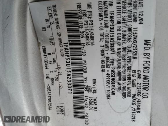 ✅ 2005 Ford Taurus SE • VIN: 1FAHP53U15A233371 • Лот: 52019685. Опубликован ранее на Copart с пробегом Не указан. Бесплатный доступ к архиву аукционных продаж из США и подробный отчёт об истории автомобиля на DreamBid. Изображение 12.