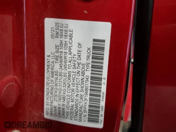 ✅ 2021 Honda Ridgeline Sport • VIN: 5FPYK3F19MB017943 • Lot: 80625835. Listed on Copart with 107,533 mi. Free auction sales archive from the USA and detailed vehicle history report at DreamBid. Image 12.