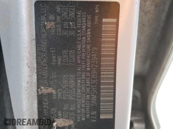 ✅ 2009 Hyundai Santa Fe Limited • VIN: 5NMSH13E89H239419 • Lot: 77276434. Listed on Copart with 274,321 mi. Free auction sales archive from the USA and detailed vehicle history report at DreamBid. Image 13.