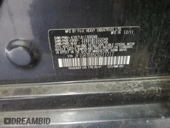 ✅ 2012 Subaru WRX WRX Premium • VIN: JF1GR7E65CG217717 • Lot: 49515815. Listed on Copart with 80,522 mi. Free auction sales archive from the USA and detailed vehicle history report at DreamBid. Image 12.