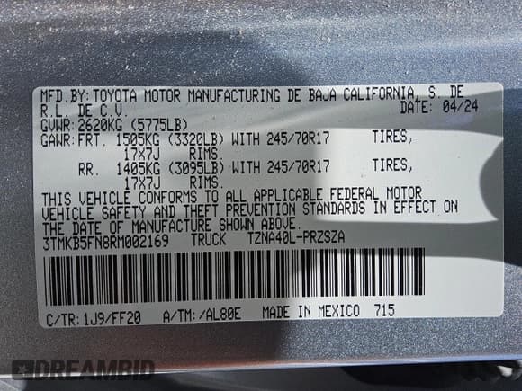 ✅ 2024 Toyota Tacoma SR5 • VIN: 3TMKB5FN8RM002169 • Lot: 60308275. Listed on Copart with 5,789 mi. Free auction sales archive from the USA and detailed vehicle history report at DreamBid. Image 12.