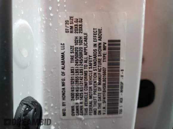 ✅ 2020 Honda Passport EX-L • VIN: 5FNYF8H59LB016607 • Lot: 69246785. Listed on Copart with 84,042 mi. Free auction sales archive from the USA and detailed vehicle history report at DreamBid. Image 13.