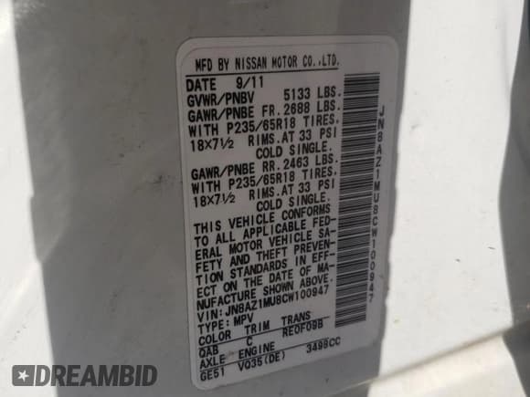 ✅ 2012 Nissan Murano SL • VIN: JN8AZ1MU8CW100947 • Lot: 84790835. Listed on Copart with 148,710 mi. Free auction sales archive from the USA and detailed vehicle history report at DreamBid. Image 14.