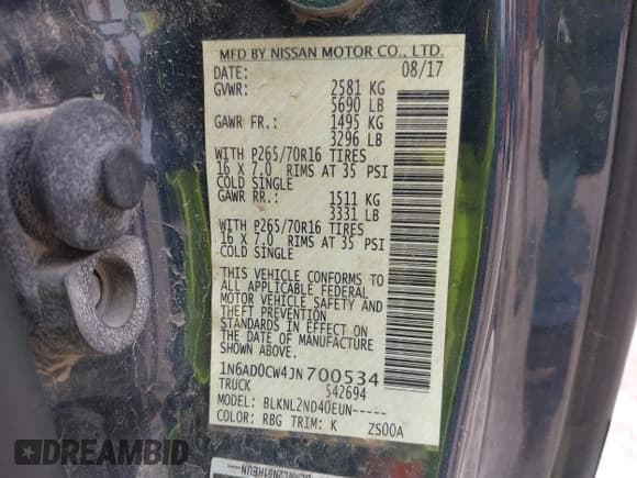 ✅ 2018 Nissan Frontier Pro-4X • VIN: 1N6AD0CW4JN700534 • Lot: 42872026. Listed on IAAI with 119,250 mi. Free auction sales archive from the USA and detailed vehicle history report at DreamBid. Image 9.